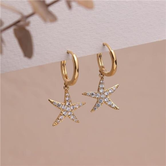 Starfish Huggie Hoop Earrings | 14K Gold Plated CZ Dangle Hoops - Picture 5 of 6